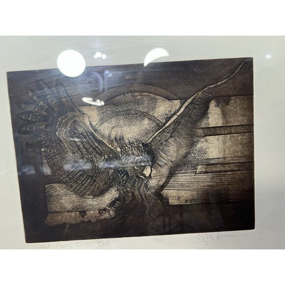 Vintage Artists Proof Etching “Night flight Owly Bird” Signed JR K- 1970’s-80’s - Picture 9 of 10